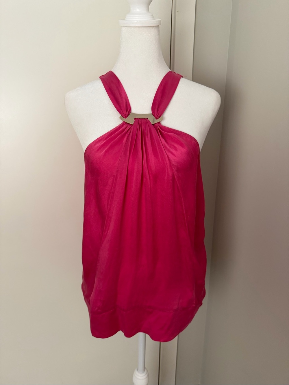Cache 95% Hot Pink Silk Halter Top Silver Metal Detail Y2K